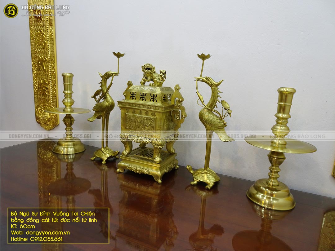 bộ ngũ sự bằng đồng đỉnh vuông tai chiện bằng đồng catut đúc nổi tứ linh