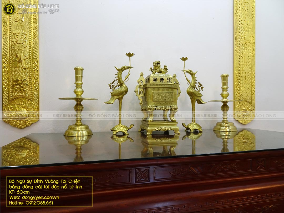 bộ ngũ sự bằng đồng đỉnh vuông tai chiện bằng đồng catut đúc nổi tứ linh