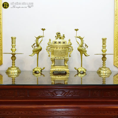 Bộ Ngũ Sự Đỉnh Vuông Tai Chiện Bằng Đồng Catut Đúc Nổi Tứ Linh
