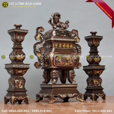 Bộ Tam Sự Đỉnh Nến Vuông Khảm Ngũ Sắc 50cm