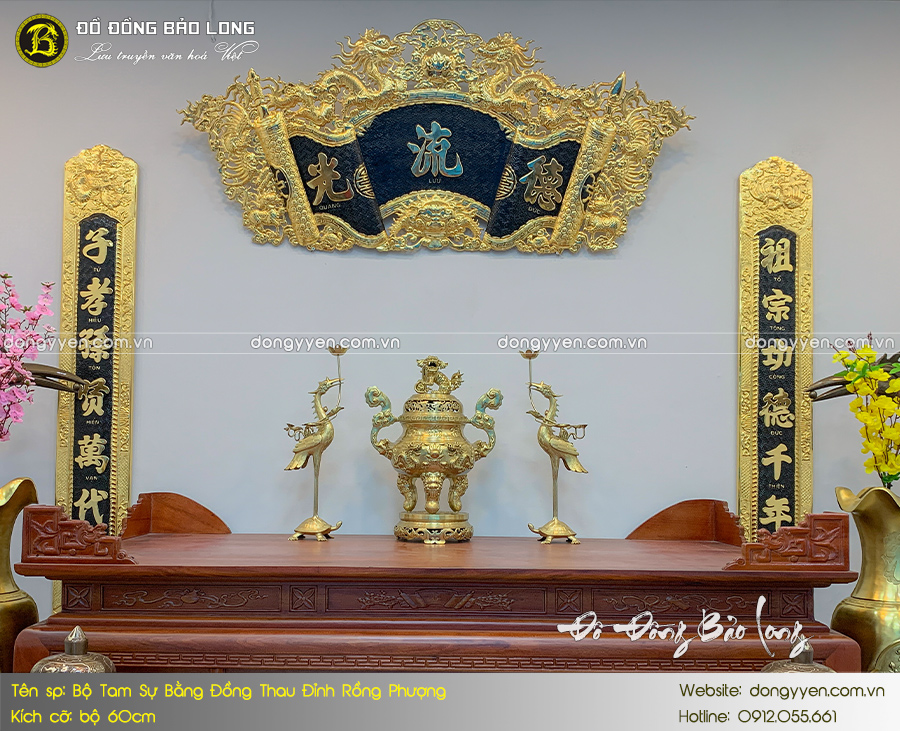 bộ tam sự bằng đồng vàng đỉnh rồng màu mộc 60cm