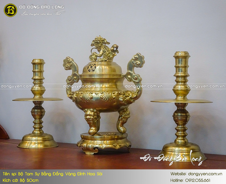 bộ tam sự đỉnh hoa sòi bằng đồng thau 50cm màu mộc