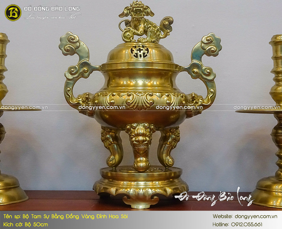 bộ tam sự đỉnh hoa sòi bằng đồng thau 50cm màu mộc