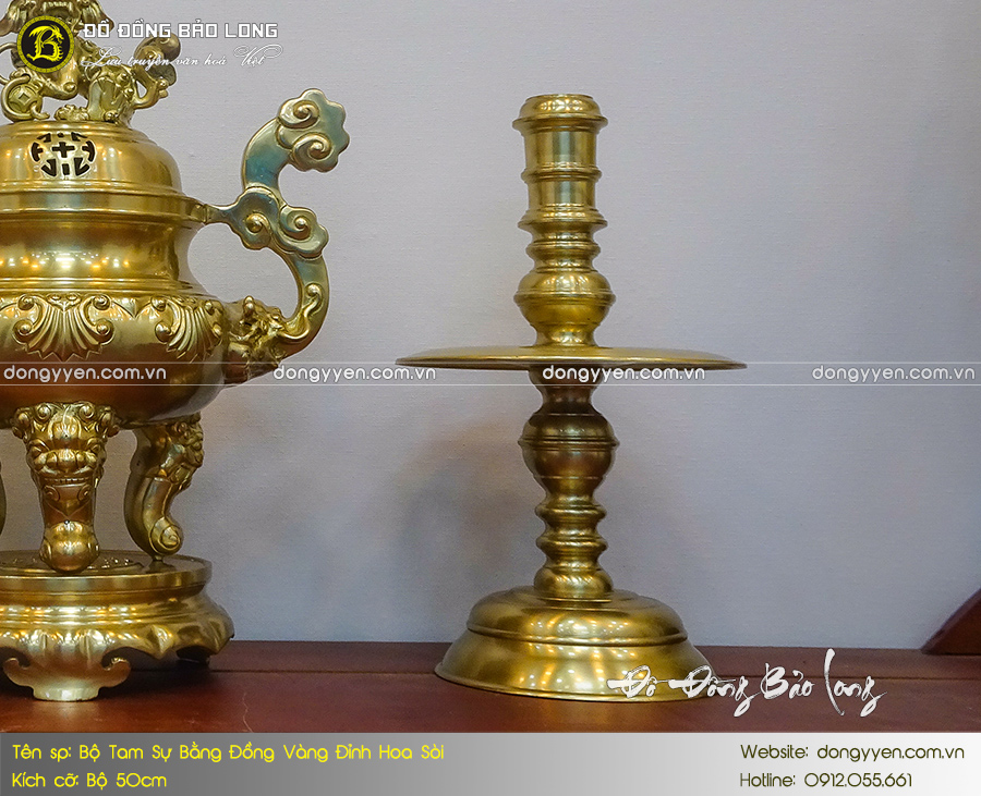 bộ tam sự đỉnh hoa sòi bằng đồng thau 50cm màu mộc