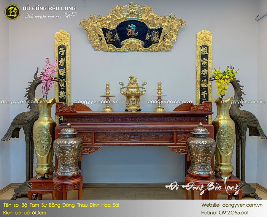 bộ tam sự đỉnh hoa sòi bằng đồng thau 60cm