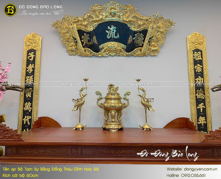 bộ tam sự đỉnh hoa sòi bằng đồng thau 60cm