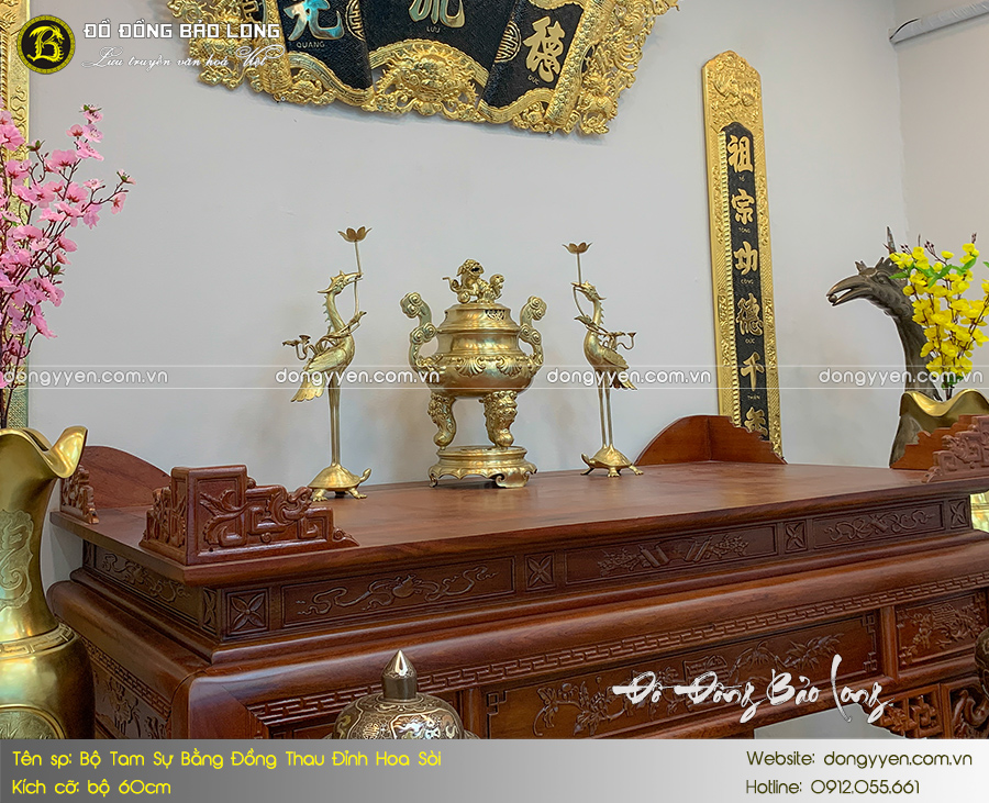 bộ tam sự đỉnh hoa sòi bằng đồng thau 60cm