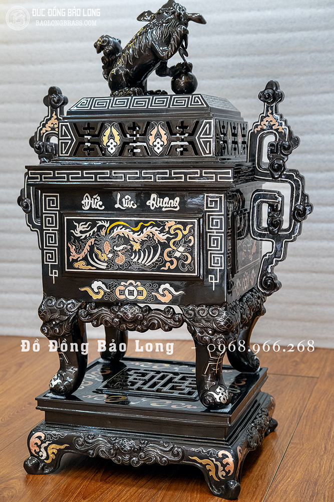 Bộ Tam Sự Đỉnh Vuông Bằng Đồng Khảm Tam Khí 5 Chữ Vàng Cao 60Cm