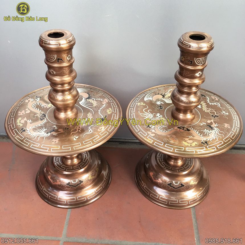 Chân Nến Đồng Tam Khí 50cm Khảm Đẹp