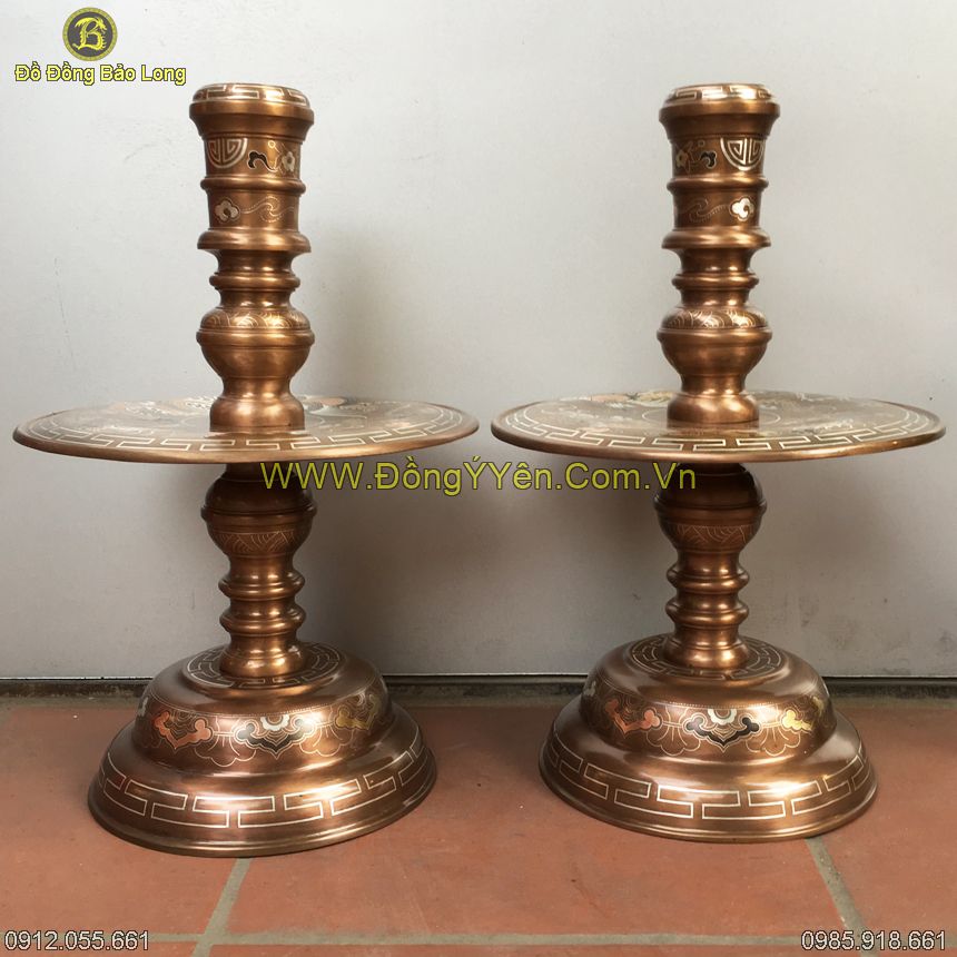 đôi chân nến đồng tam khí 50cm khảm đẹp