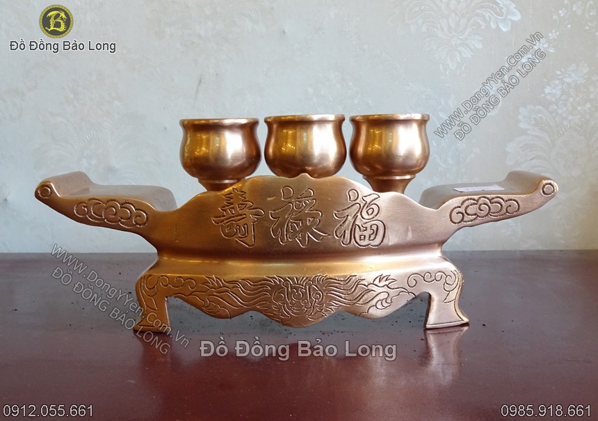 bộ khay 3 chén bằng đồng đỏ chạm ám