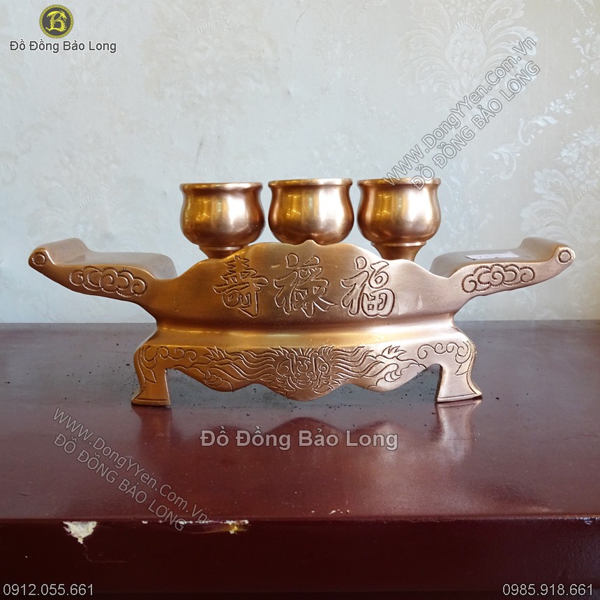 Bộ Khay 3 Chén Đồng Đỏ Chạm Ám