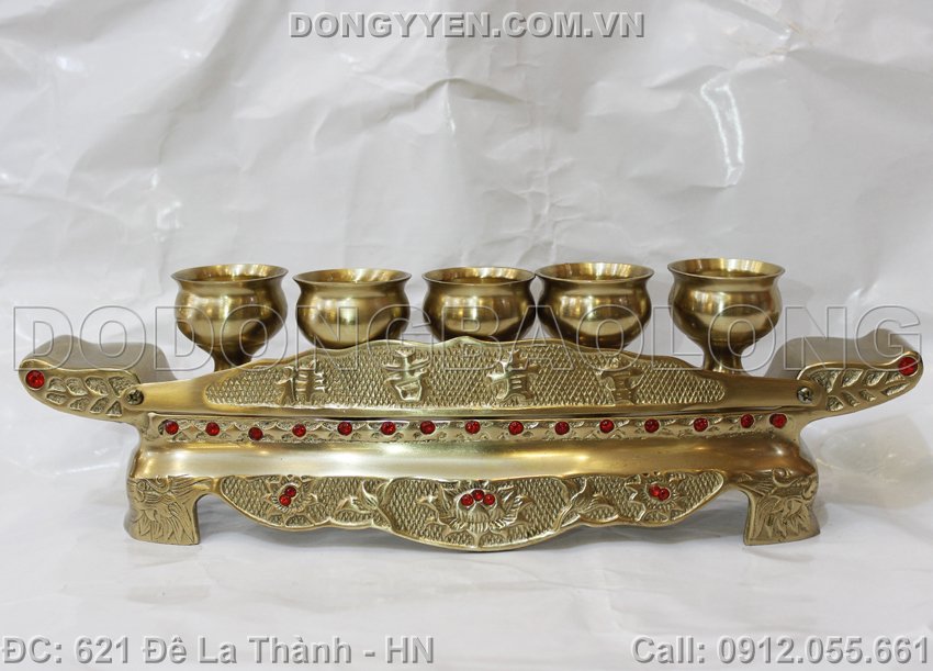 bộ khay 5 chén bằng đồng mộc
