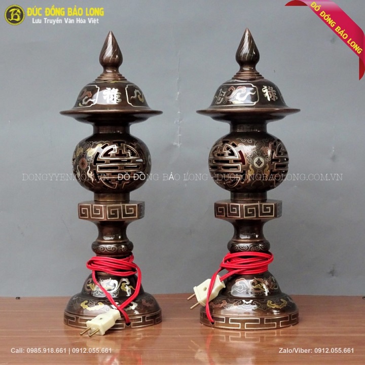 Đôi Đèn Thờ Bằng Đồng Khảm Tam Khí Cao 42cm Cao Cấp