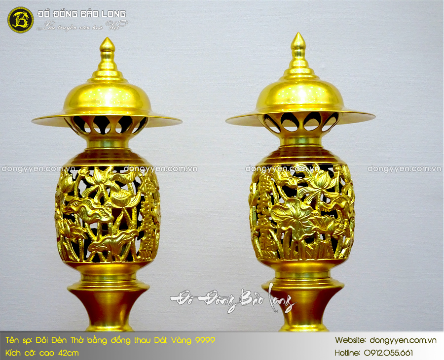 đôi đèn thờ bằng đồng thau dát vàng