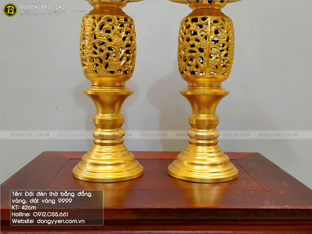 đôi đèn thờ bằng đồng vàng dát vàng 9999