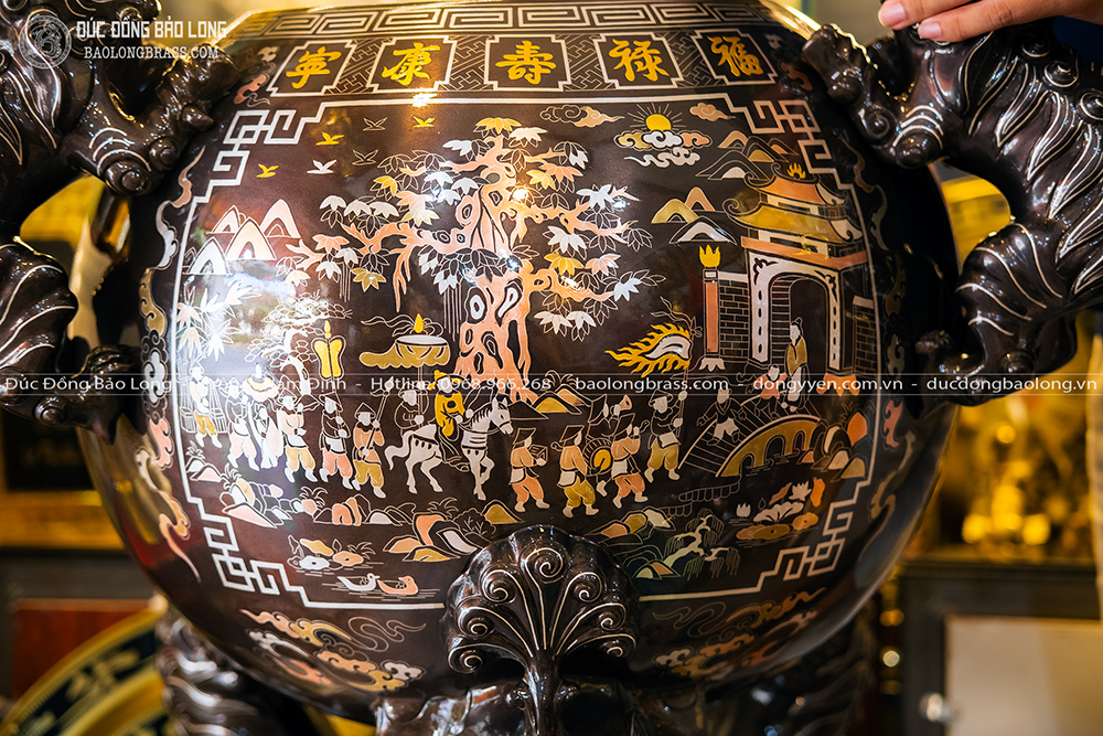 Đỉnh Đồng Thất Lân Vờn Cầu Cao 1m2 Khảm Tam Khí 11 Chữ Vàng 9999