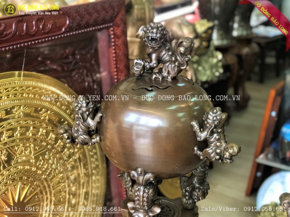 đỉnh thất lân vờn cầu bằng đồng vàng hun xanh giả cổ