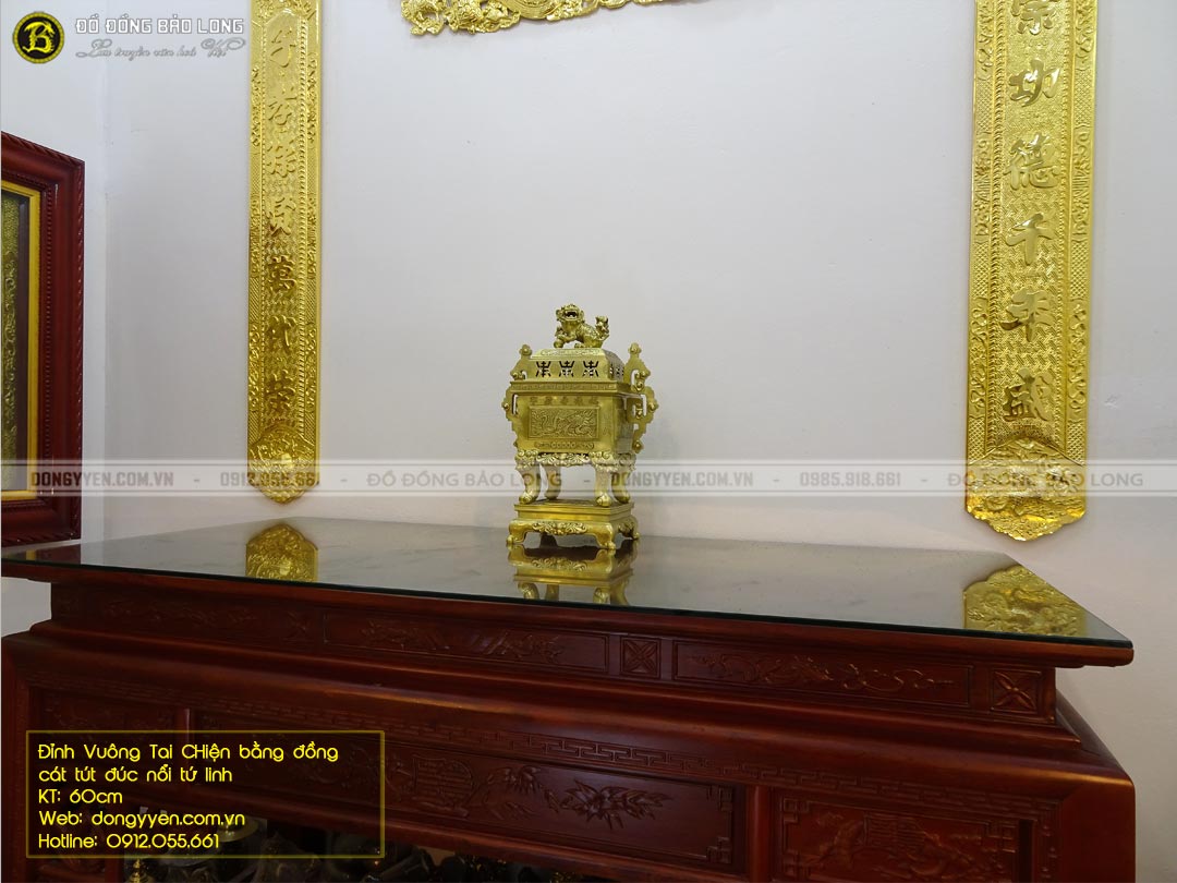 bộ đỉnh vuông tai chiện bằng đồng catut đúc nổi tứ linh