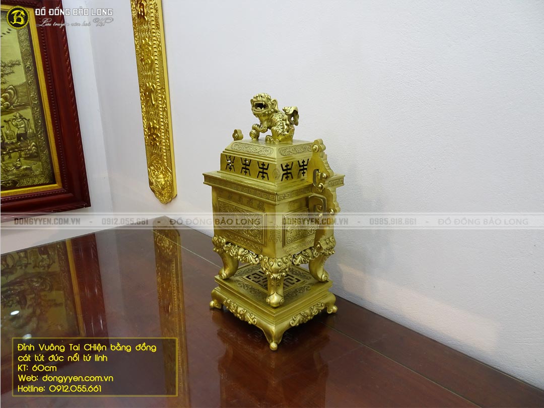 bộ đỉnh vuông tai chiện bằng đồng catut đúc nổi tứ linh