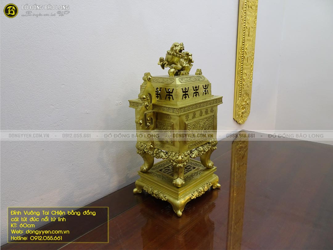 bộ đỉnh vuông tai chiện bằng đồng catut đúc nổi tứ linh