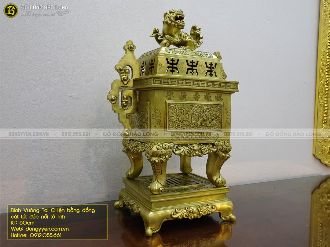 bộ đỉnh vuông tai chiện bằng đồng catut đúc nổi tứ linh