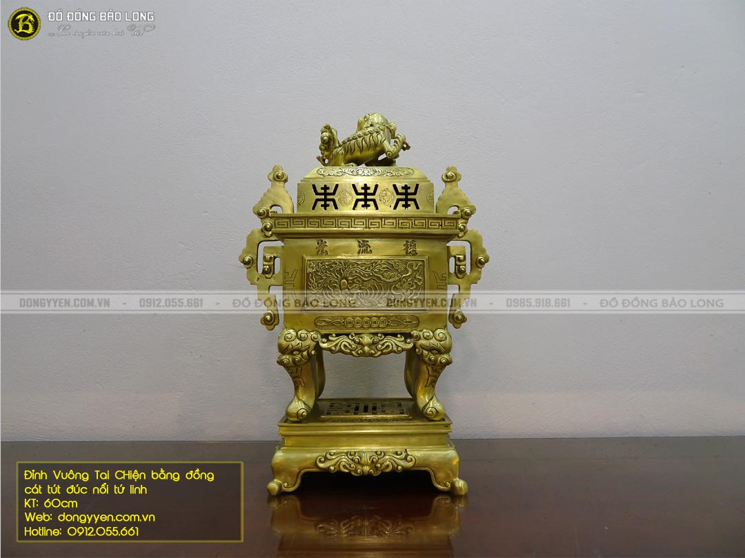 bộ đỉnh vuông tai chiện bằng đồng catut đúc nổi tứ linh