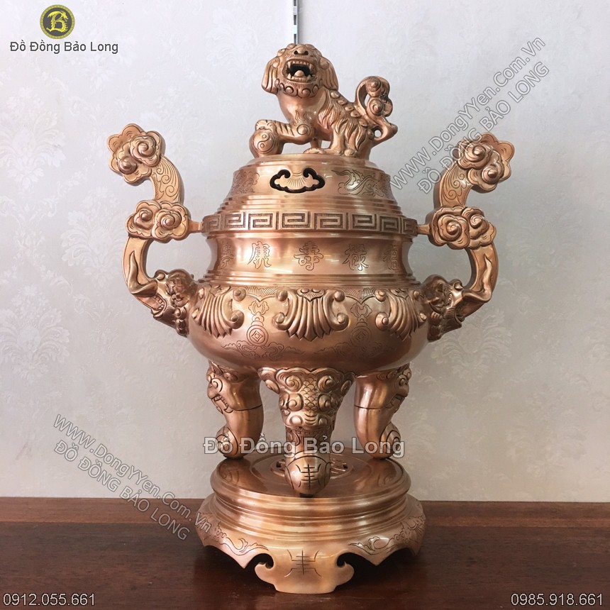 Đỉnh Chạm Dơi Tiền Bằng Đồng Đỏ 60cm