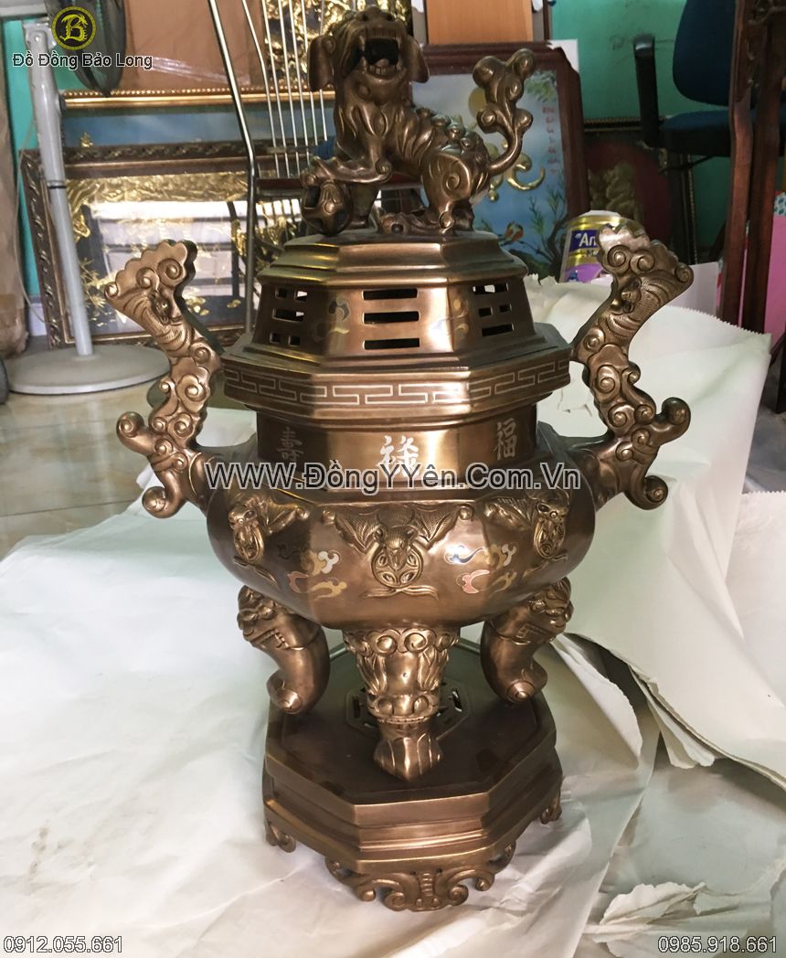 đỉnh đồng bát giác khảm bạc 60cm