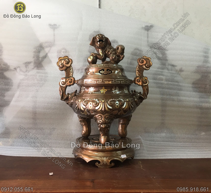 đỉnh đồng hoa sòi khảm dơi tiền cao 55cm