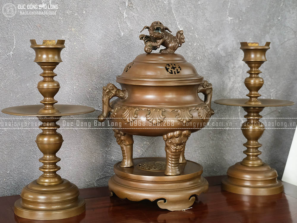 Bộ Tam Sự Đỉnh Thập Sòi Bằng Đồng Vàng Cao 46Cm Màu Nâu Trầm