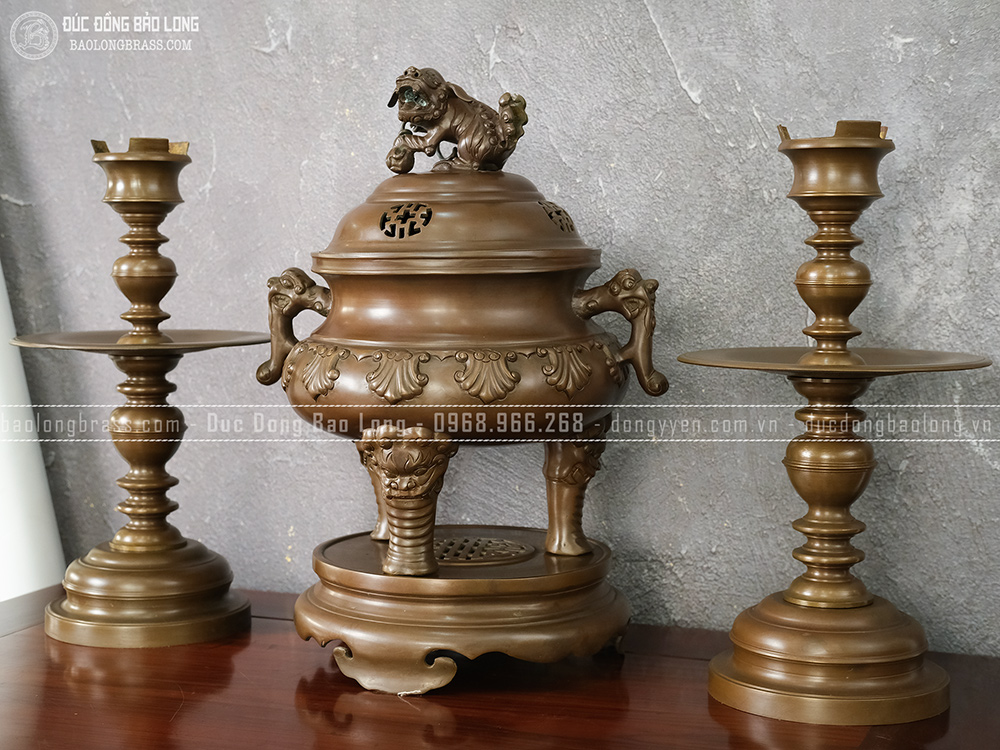 Bộ Tam Sự Đỉnh Thập Sòi Bằng Đồng Vàng Cao 46Cm Màu Nâu Trầm