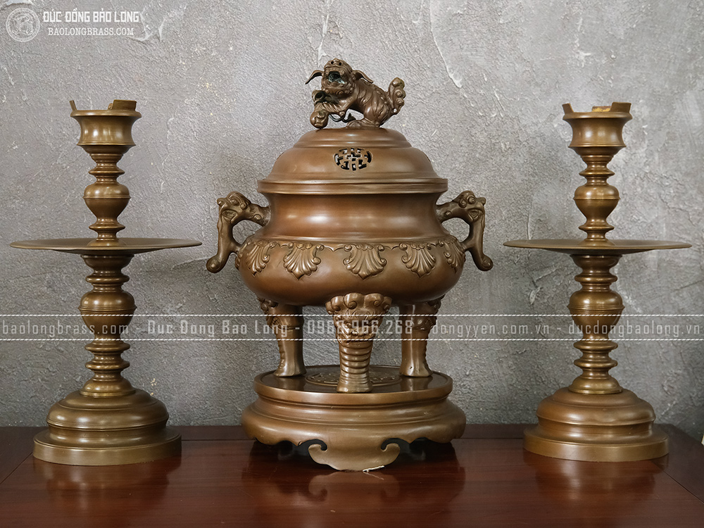 Bộ Tam Sự Đỉnh Thập Sòi Bằng Đồng Vàng Cao 46Cm Màu Nâu Trầm