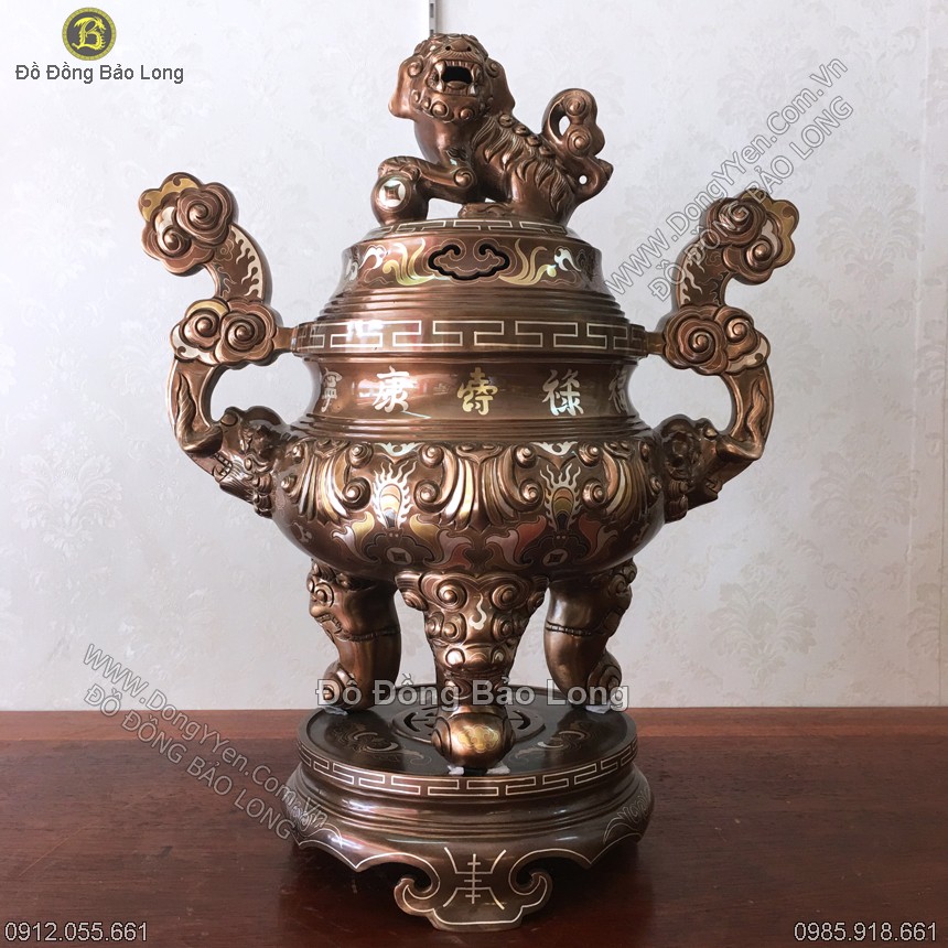 Đỉnh Đồng Hoa Sòi Khảm Tam Khí 60cm