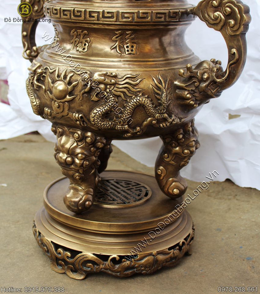 Đỉnh Rồng Phượng Đúc Nổi Màu Hun Xanh 65cm