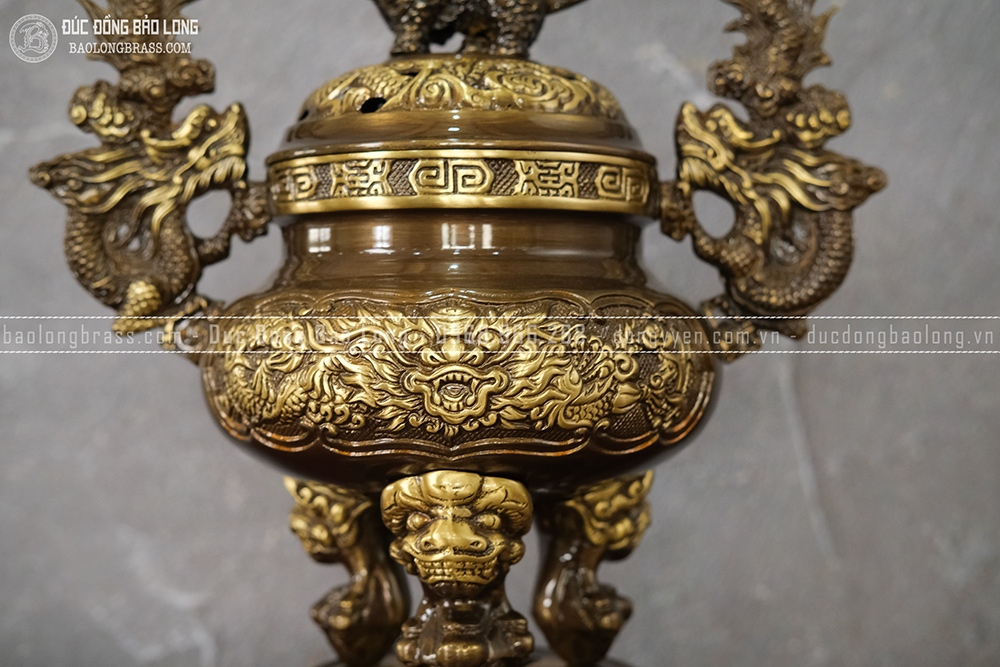 Đỉnh Thất Lân Vờn Cầu bằng đồng cao 40cm màu trầm cổ