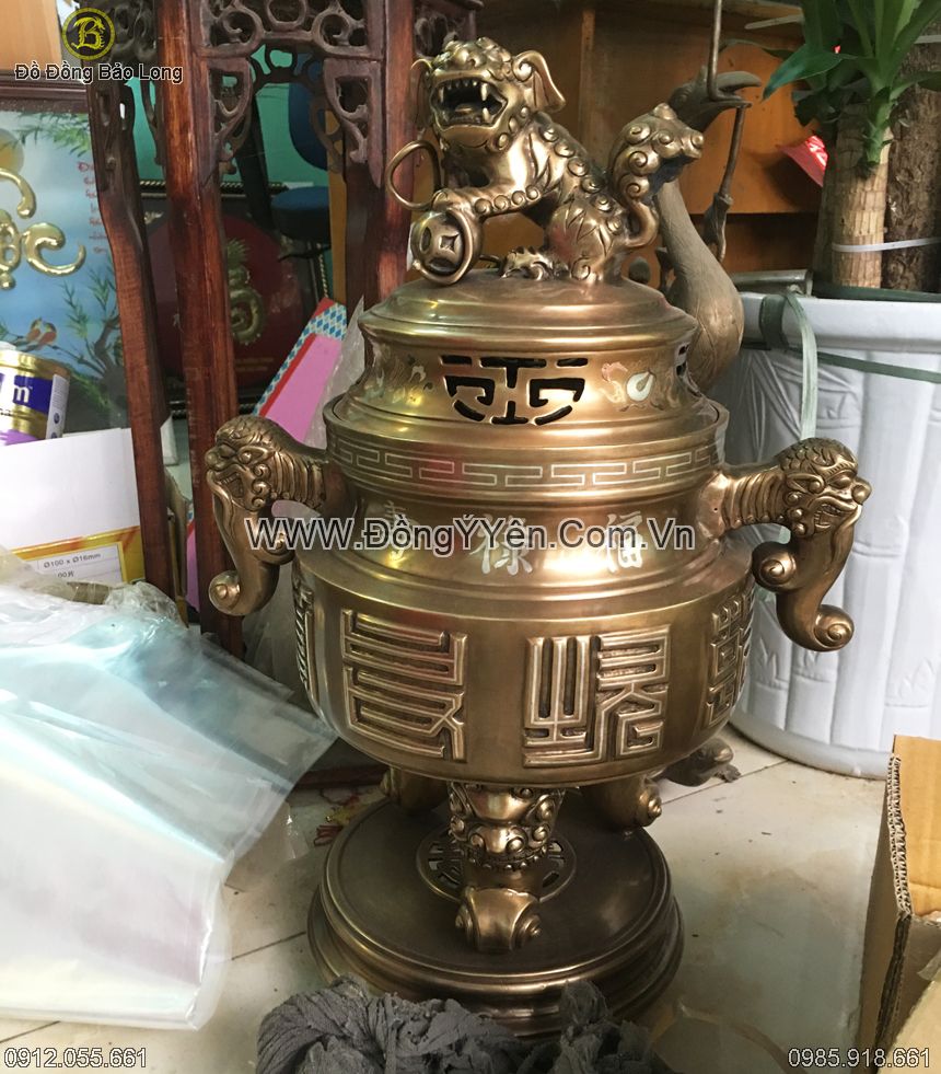 đỉnh đồng vàng tai cui cao 65cm, khảm bạc