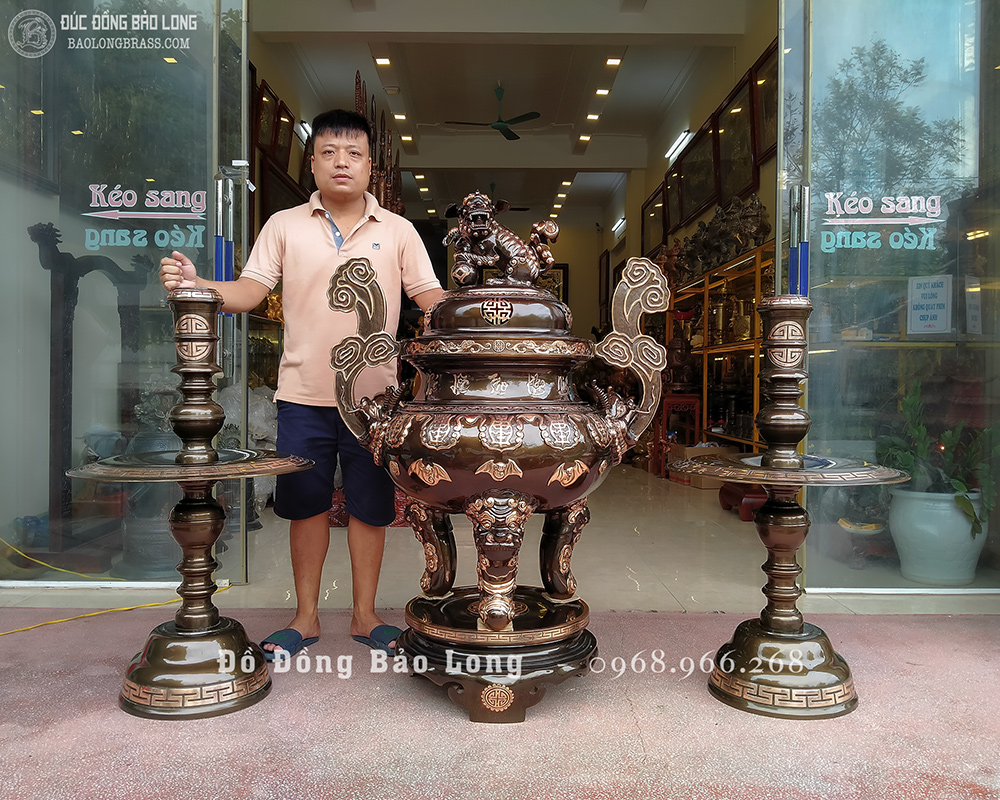 Bộ đỉnh thờ dơi thọ bằng đồng đỏ cao 1m33 phớt nỉ đẹp, giá rẻ