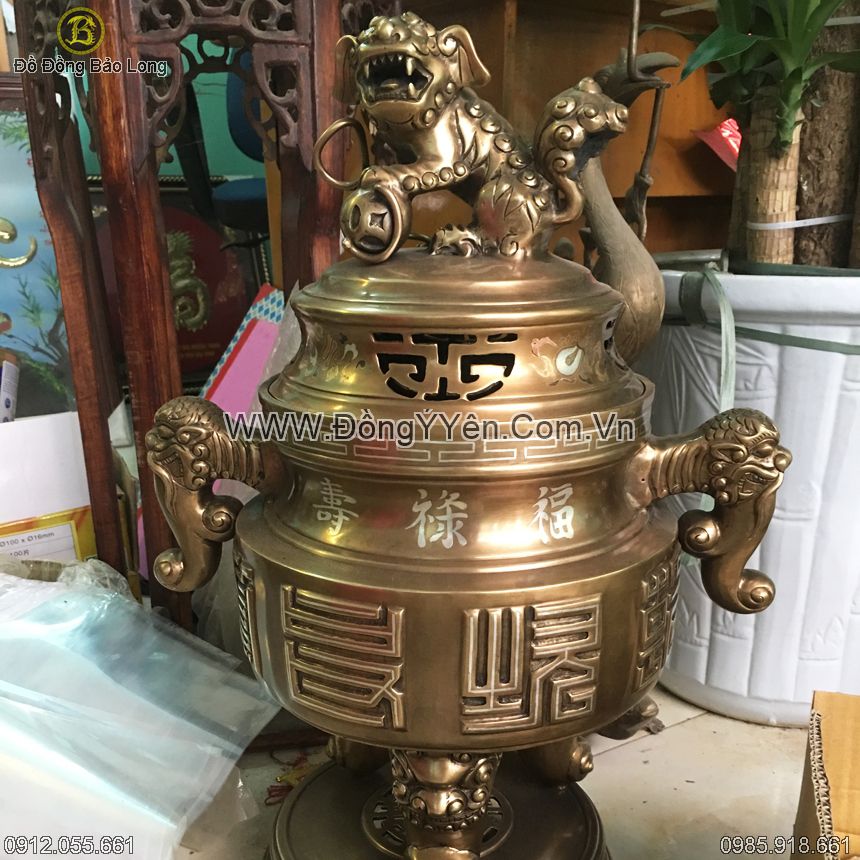 Đỉnh Đồng Vàng Tai Cui Khảm Bạc 65cm