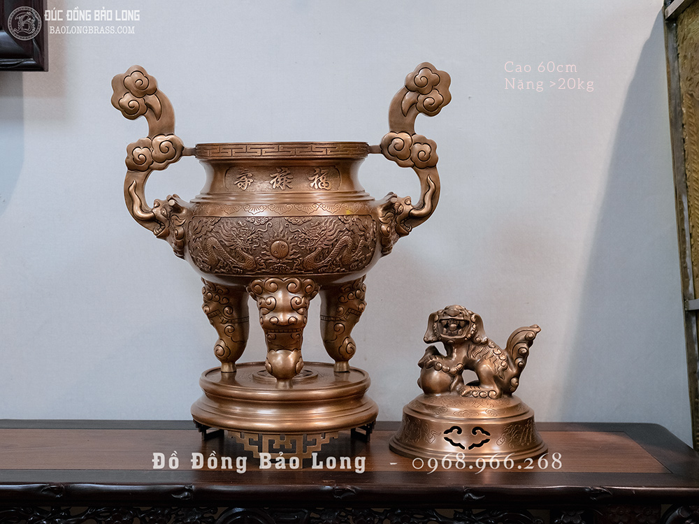 đỉnh thờ đồng đỏ đúc nổi Rồng Phượng màu trầm cổ cao 60cm