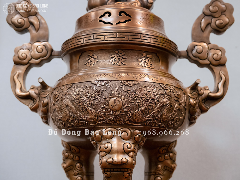 đỉnh thờ đồng đỏ đúc nổi Rồng Phượng màu trầm cổ cao 60cm