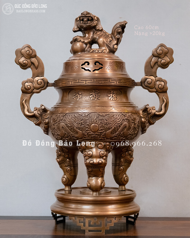 đỉnh thờ đồng đỏ đúc nổi Rồng Phượng màu trầm cổ cao 60cm