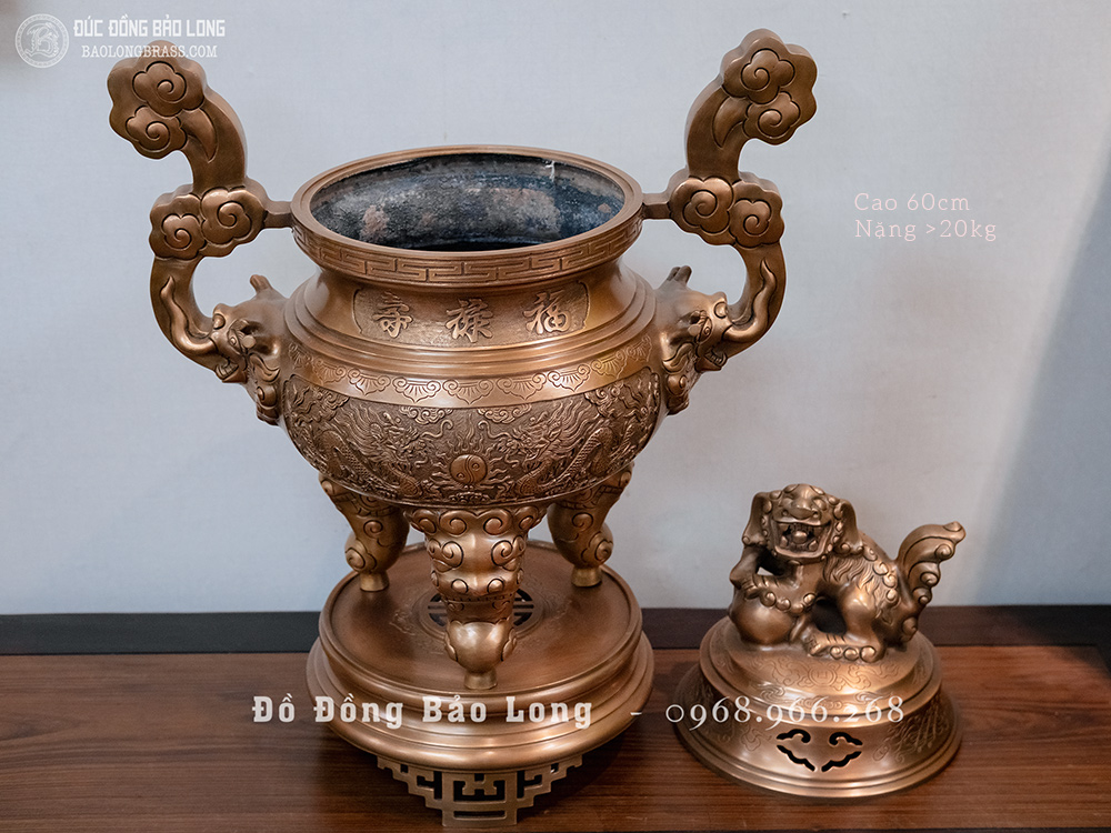 đỉnh thờ đồng đỏ đúc nổi Rồng Phượng màu trầm cổ cao 60cm