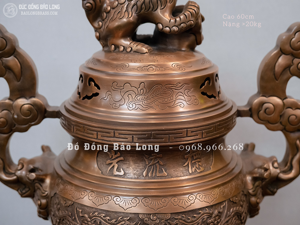 đỉnh thờ đồng đỏ đúc nổi Rồng Phượng màu trầm cổ cao 60cm