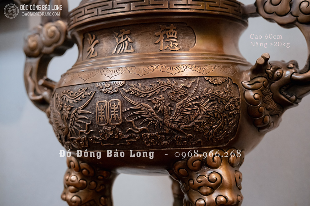 đỉnh thờ đồng đỏ đúc nổi Rồng Phượng màu trầm cổ cao 60cm