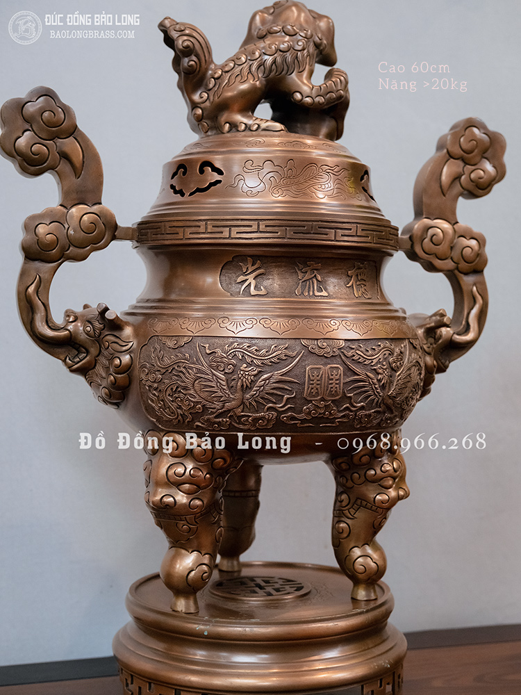 đỉnh thờ đồng đỏ đúc nổi Rồng Phượng màu trầm cổ cao 60cm