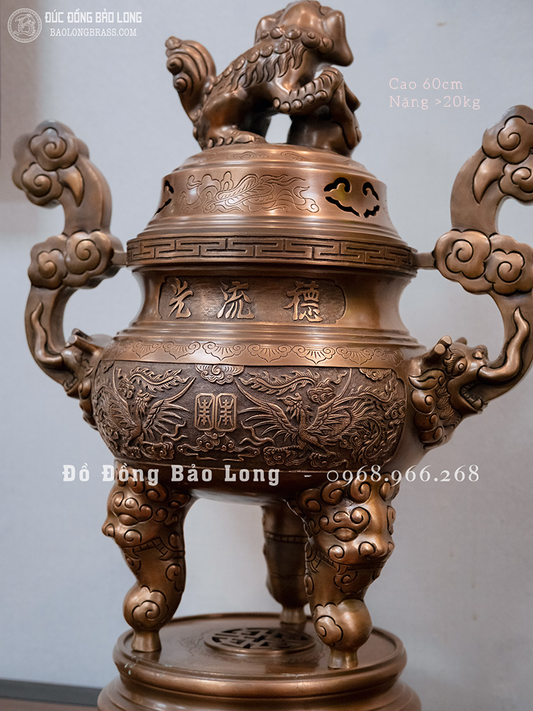 đỉnh thờ đồng đỏ đúc nổi Rồng Phượng màu trầm cổ cao 60cm