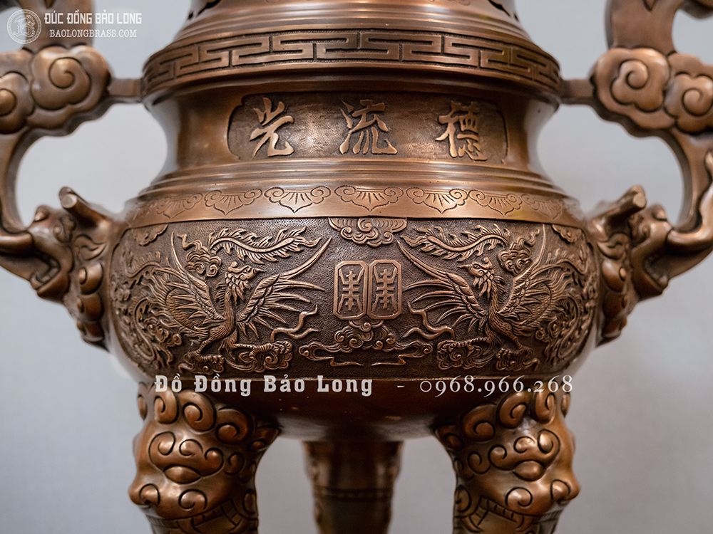 đỉnh thờ đồng đỏ đúc nổi Rồng Phượng màu trầm cổ cao 60cm