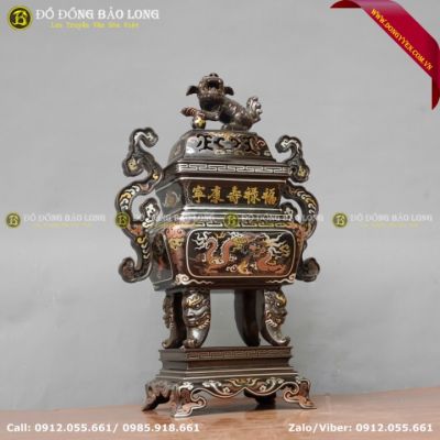 Đỉnh Vuông Bằng Đồng Khảm Ngũ Sắc Cao 60cm Hàng Độc
