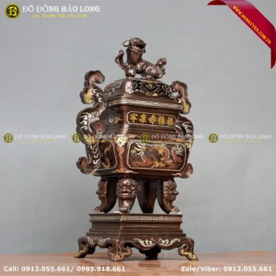 Đỉnh Vuông Bằng Đồng Khảm Ngũ Sắc Cao 50cm